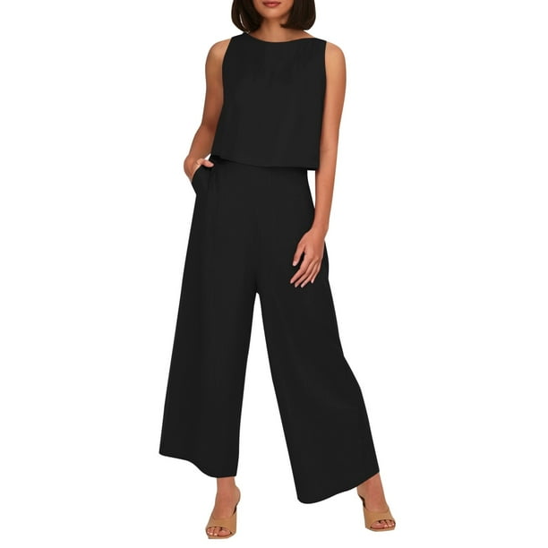 Conjunto de dos piezas de lino liso para mujer: chaleco sin mangas y pantalones de cintura alta y pierna ancha, bolsillos laterales, ropa informal de verano - Tallas S-XXXXL