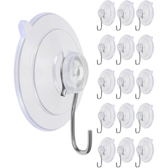 15 Pack Heavy Duty Suction Cup Hooks,10LB Max Load Clear Adhesive Hooks for Bathroom Shower Tile Glass Window , No Drill Stainless Steel Hooks, Strong Vacuum Suction, Removable & Reusable