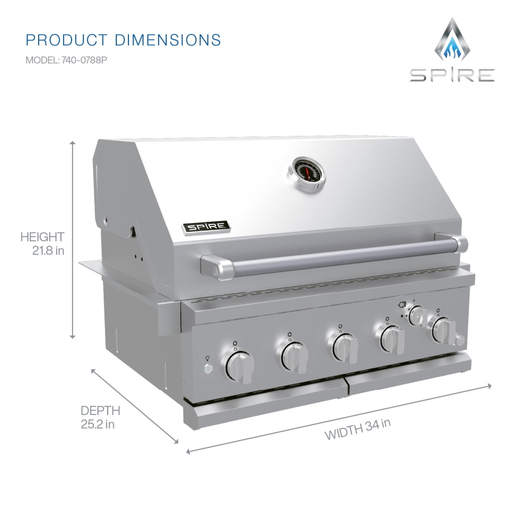 Spire Premium 5 Burner Built In Gas Grill Island Head, Stainless Steel 30 Inch Barbeque Grill with Rear Burner, 63,000 BTUs, 750 SQ In Racks, Propane Grill with Dual Fuel Compatibility - 740-0788P