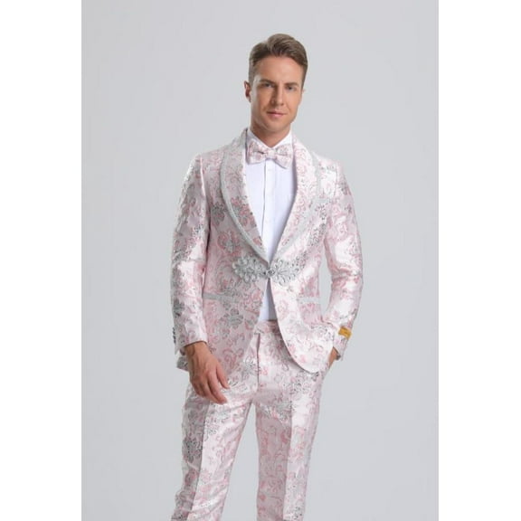 Men's Fancy Pink Floral Paisley Prom Tuxedo with Silver Trim