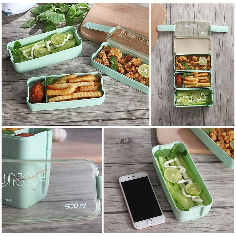LNKOO Bento Box Japanese Lunch Box, 3-In-1 Compartment, Wheat Straw,  Leak-proof Eco-Friendly Bento Lunch Box Meal Prep Containers for Kids and  Adults (Green) 
