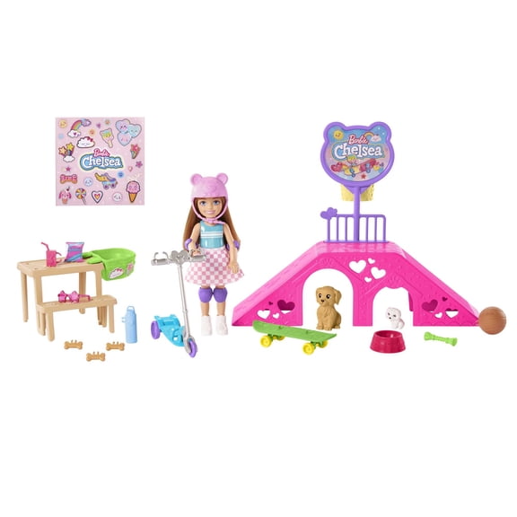 Barbie Chelsea Doll & Skate Park Playset with 2 Puppies, Ramp & 15 Accessories, Brunette Small Doll