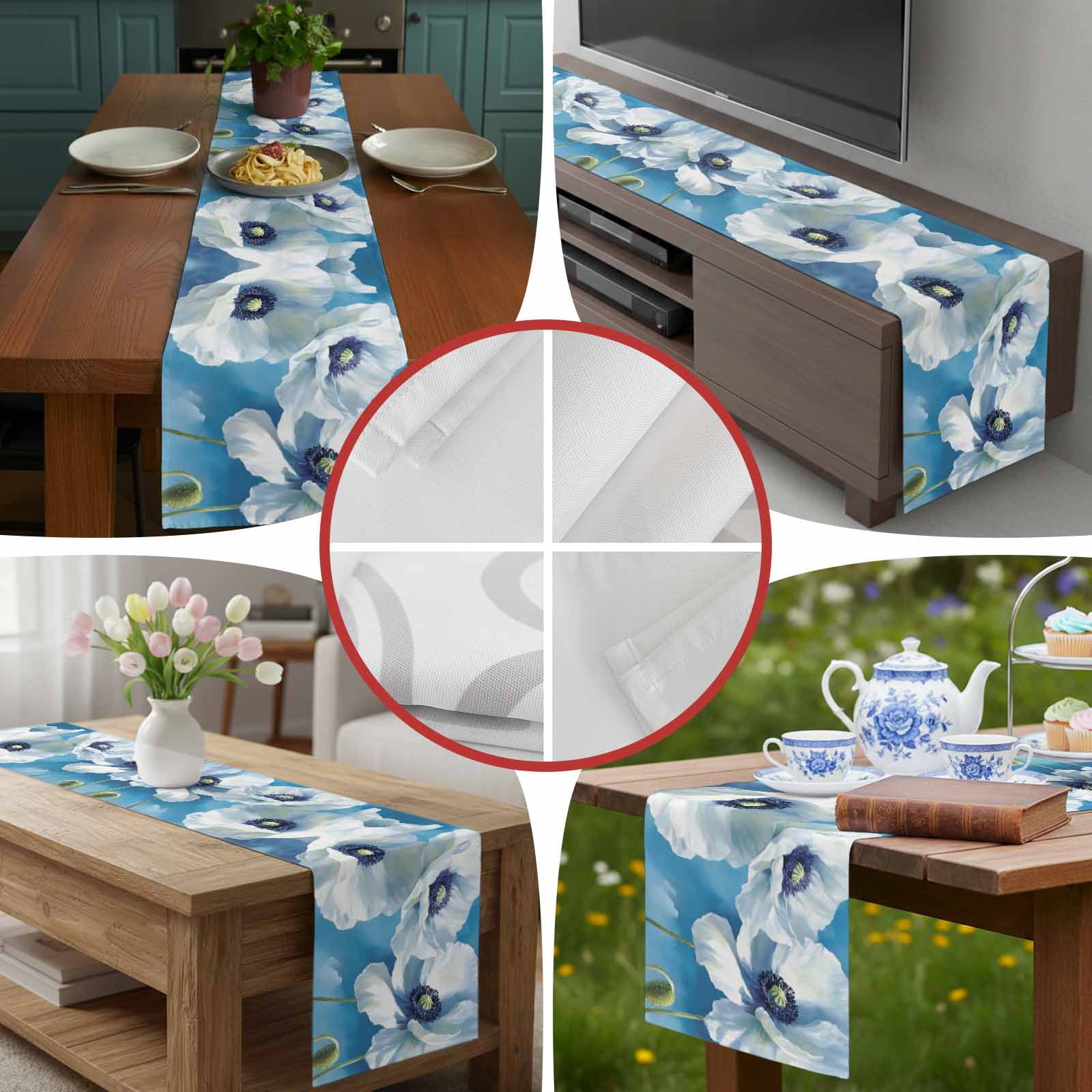 White Blue Floral 90 Inch Table Runner, Vintage Painting Art Country Spring Farmhouse Dresser Scarf Cotton & Linen Tablerunner for Dining/Kitchen Island/Holiday Party Décor 13" x 90"