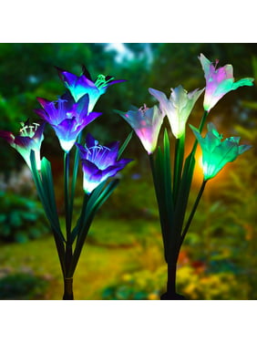 Outdoor Solar Garden Stake Lights - 2 Pack Solite Solar Powered Lights with 8 Lily Flower, Multi-color Changing LED Solar Stake Lights for Garden, Patio, Backyard (Purple and White)