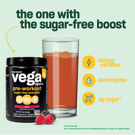 Vega Sport Pre-Workout Sugar-Free Energizer Acai Berry (4.5oz, 40 Servings) - Vegan, Keto-Friendly, Gluten Free, Sugar Free, All Natural, Pre Workout Powder, Non GMO