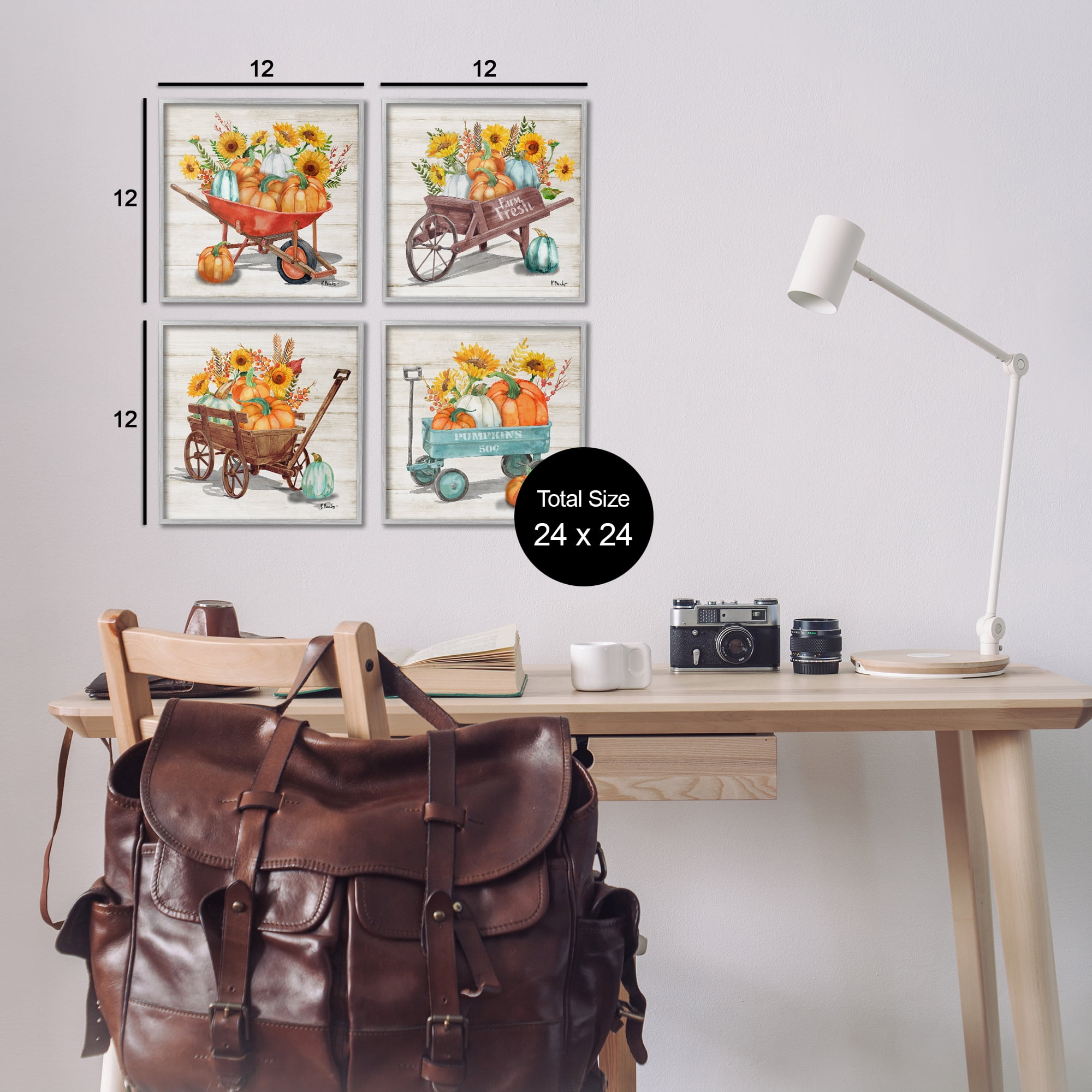 Stupell Industries Autumn Harvest Wagons Botanical & Floral Painting Gray Framed Art Prints Wall Art, 12 x 12, Set of 4