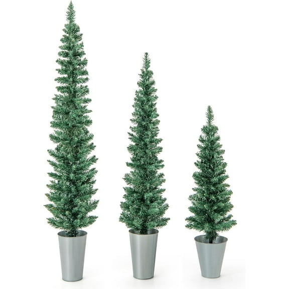 GOFLAME Set of 3 Potted Christmas Tree, 3’ 4’ 5’ Slim Pencil Trees with 120, 140, 160 Branch Tips & Cement-Filled Metal Bases, Artificial Entrance Xmas Trees for Porch, Front Door, Entryway