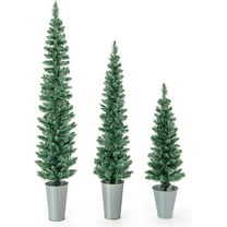 GOFLAME Set of 3 Potted Christmas Tree, 3’ 4’ 5’ Slim Pencil Trees with 120, 140, 160 Branch Tips & Cement-Filled Metal Bases, Artificial Entrance Xmas Trees for Porch, Front Door, Entryway