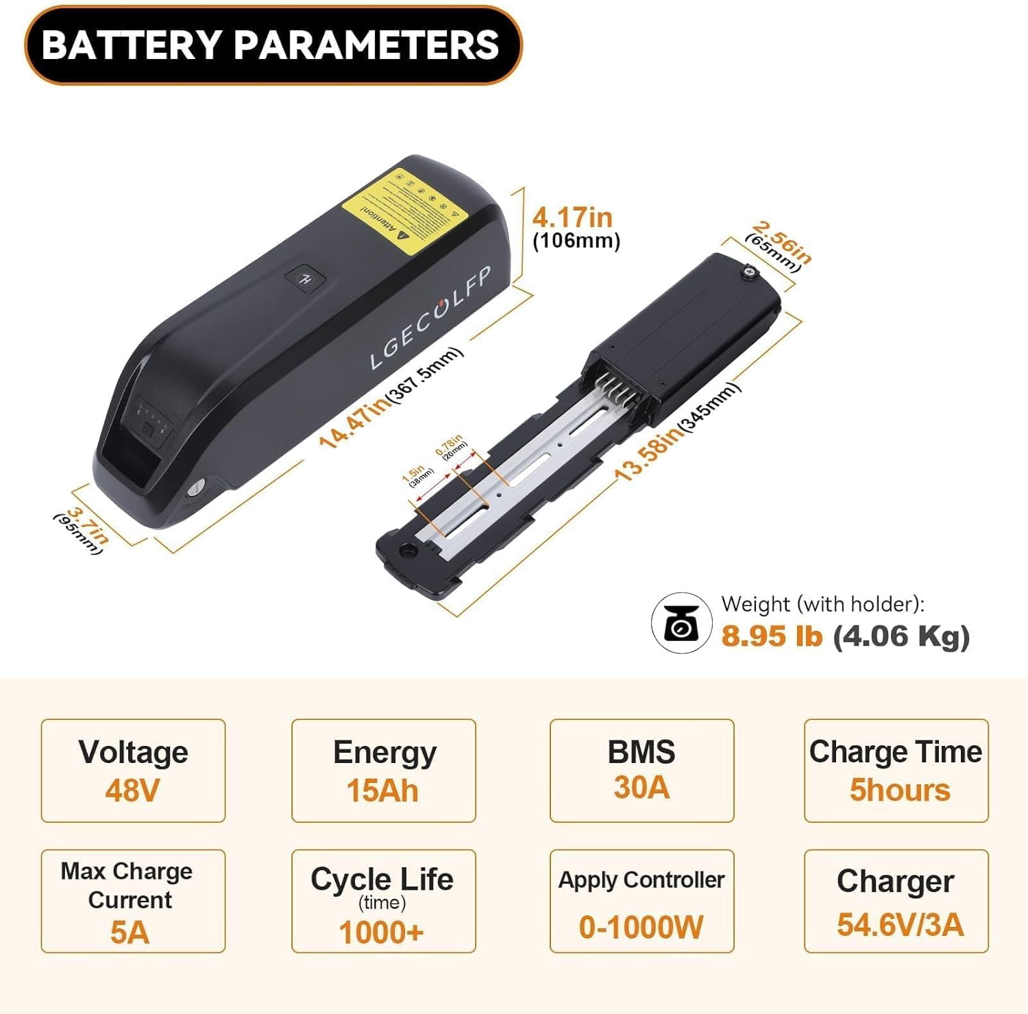 LGECOLFP 5-Pin 48V 15Ah Lithium Ion Replacement Battery with USB Charging Port for Up to 1000W Motor