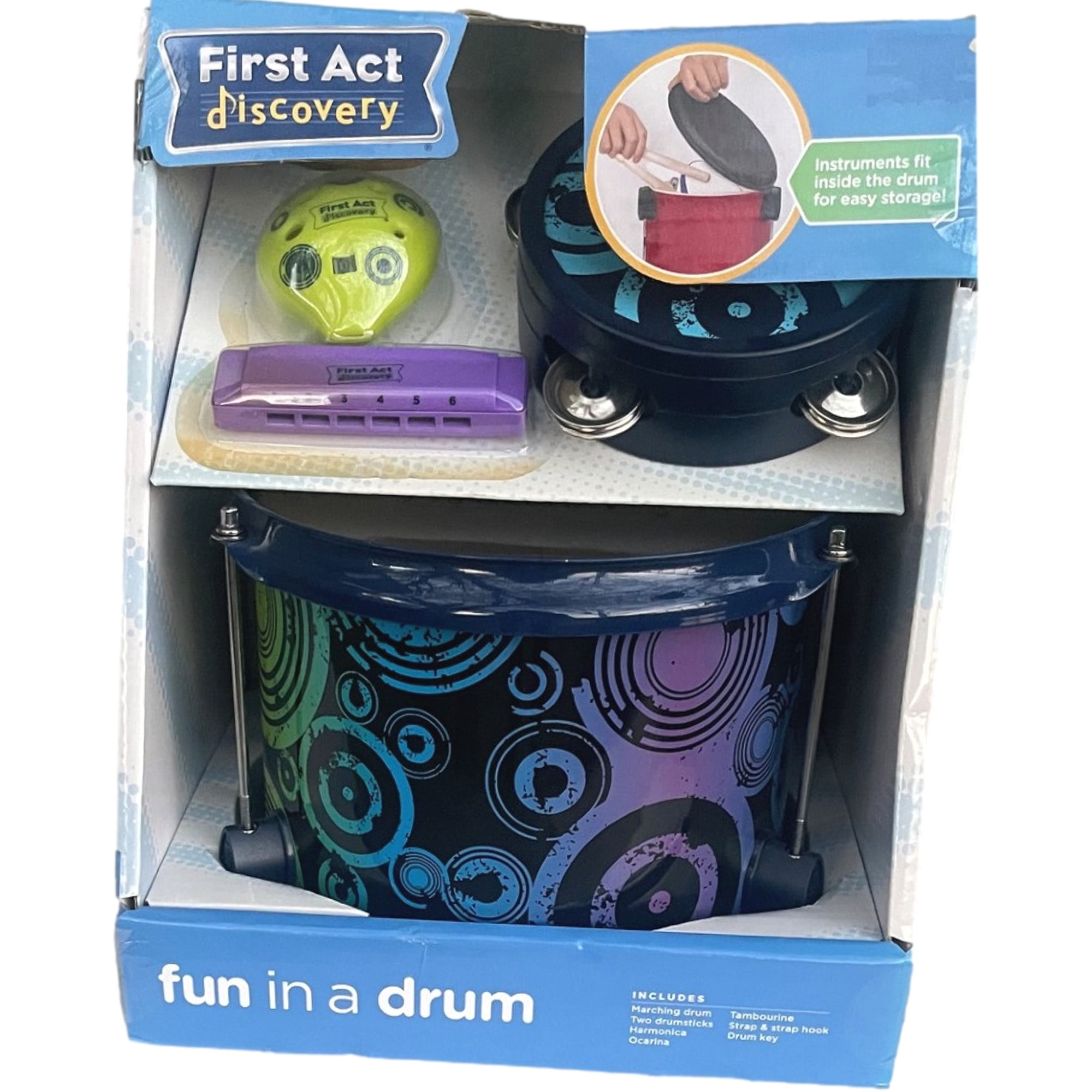First Act Blue Circle Fun In Drum Musical Instrument Set, Harmonica & Tambourine
