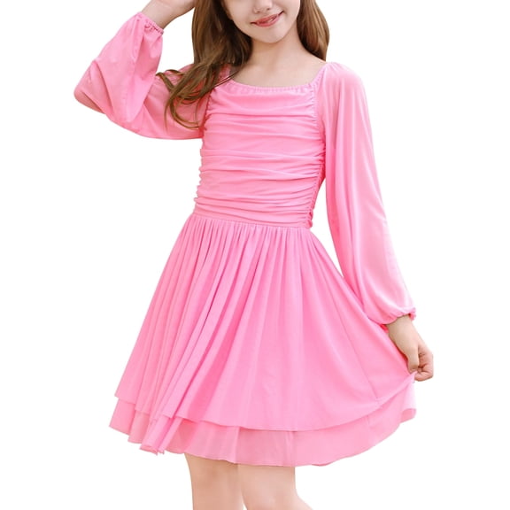 Lanbubble Girls Dresses Puff Long Sleeve Square Neck Homecoming Dress Cute A-Line Pink Dress For Teens 8-14 Years