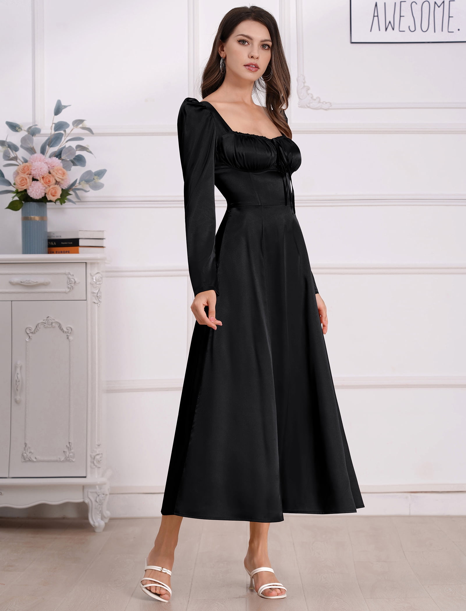 OBEEII Womens Maxi Satin Dress Puff Sleeve Square Neck Corset Midi
