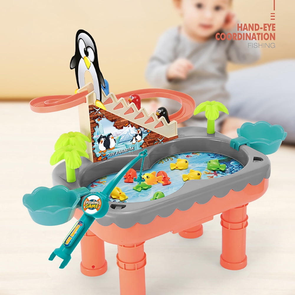 Kids Water Table Toys Fishing Table Games，Electric Penguin Stair Climbing Playset Age 1-6 - 14*10*15inch