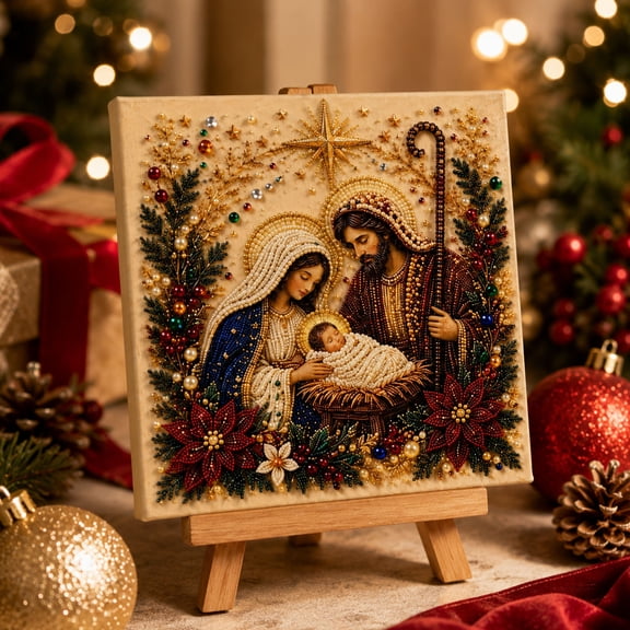 7.87" Family Pearl Painting Kit, Nativity Scene Special Shape Gem Art Set, Wooden Base DIY Bead Painting, Christmas Desktop Wall Decor Craft Kit for Adults Beginners