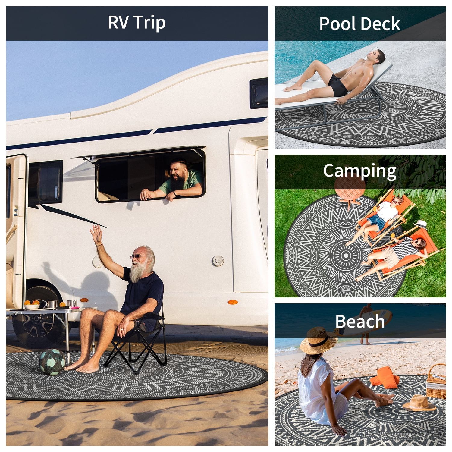 SIXHOME Outdoor Rugs 8'x8' Round Indoor Outdoor Rugs Waterproof Reversible Patio Rug Plastic Straw Lightweight Outdoor Carpet for RV Camping Deck Balcony Graden Beach Boho Porch Decor Black