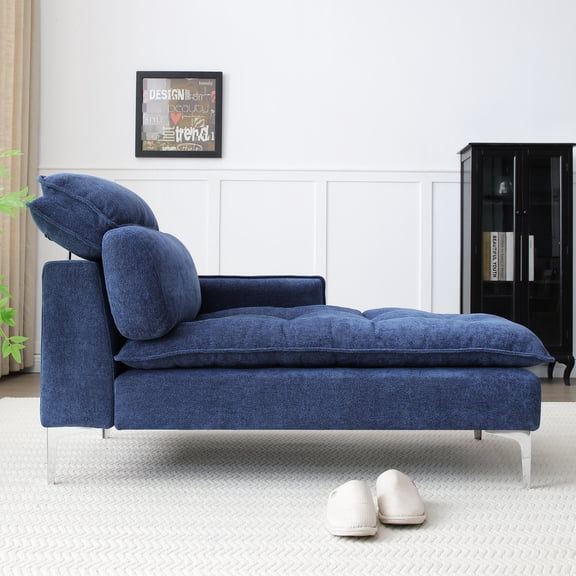 55" Indoor Chaise - Linen Upholstery High Density Foam Padding Left Armrest Blue Living Room Bedroom Office Upholstered Lounge Chair With & Lumbar Pillow,