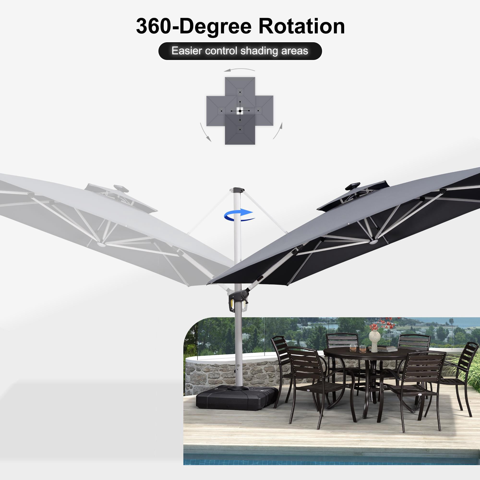 PURPLE LEAF 10' X 13' Double Top Deluxe Solar Powered LED Rectangle Patio Umbrella Offset Hanging Umbrella Outdoor Market Umbrella Garden Umbrella, Gray