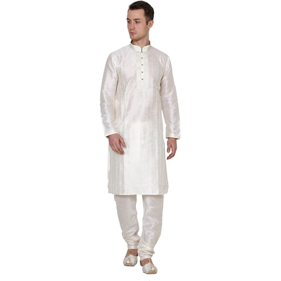 Royal Kurta Men's Silk Blend Pintuck Kurta Pyjama Beige
