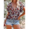 thumbnail image 2 of Blusa estampada para mujer, con botones, manga corta, cuello en V, blusa informal con estampado elegante para el trabajo, fiesta diaria, colorida XXL, 2 of 6