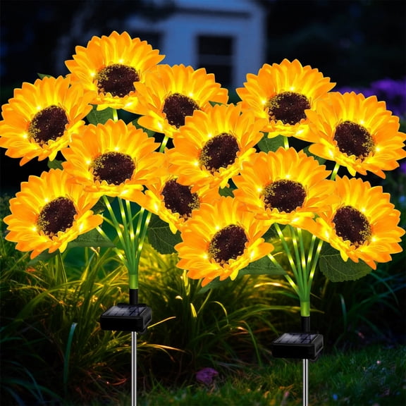 SOMNR 2 Pack Solar Sunflower Lights Outdoor - 12 LED Sunflower Stake Lights, Waterproof Garden Lights for Yard, Pathway, Patio Decor (Warm White)