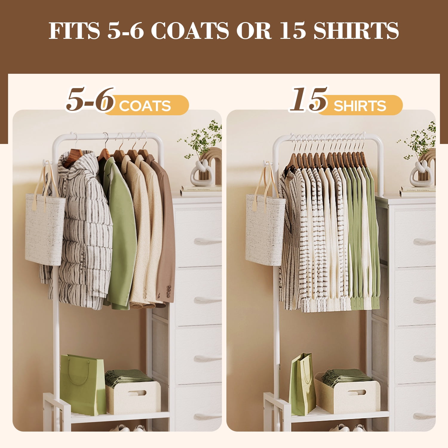 UNTIMATY Dresser with Hanging Rack White Fabric Dresser for Bedroom with Hanging Rack and 4 Drawers Dresser with Side Pockets