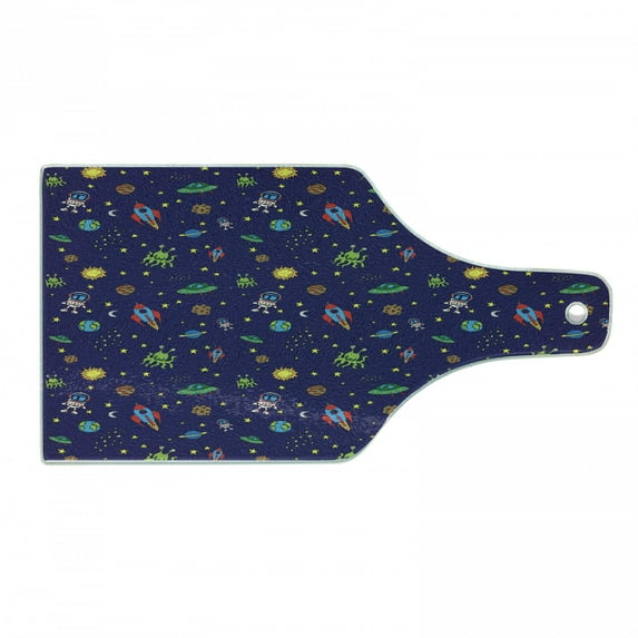 Space Cutting Board, Doodle Style Cartoon Rocket Astronaut and UFO Alien Life Forms Earth Heavenly Bodies, Tempered Glass Cutting and Serving Board, Wine Bottle Shape, Multicolor, by Ambesonne