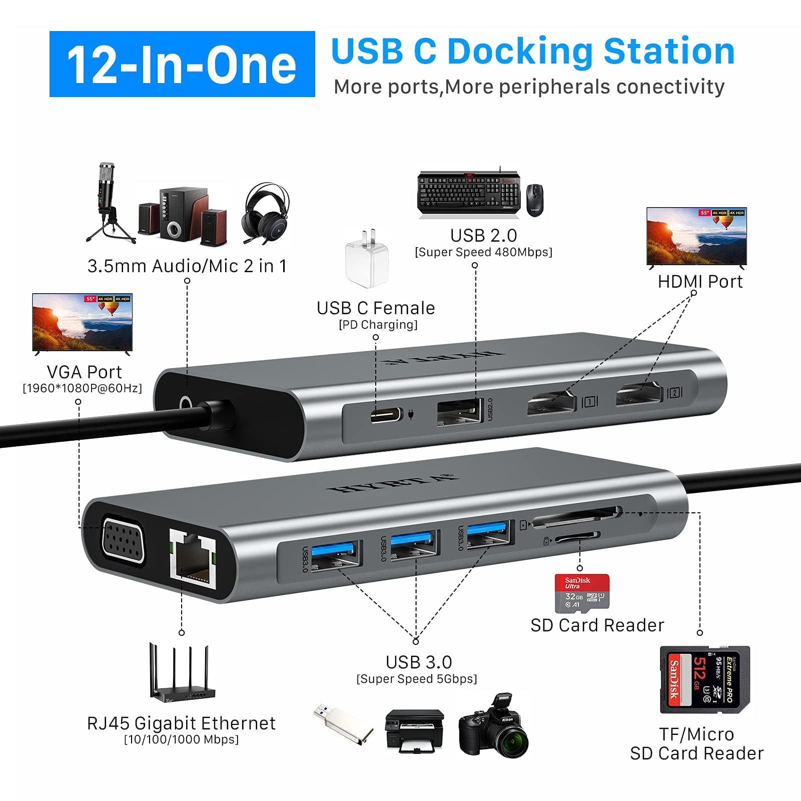 HYRTA RU9A-C USB C Triple Display Laptop Docking Station with Silver