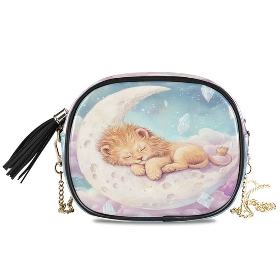 Womens Casual Chain Shoulder Bag Simple style Lion Cub Sleeping on Moon Crossbody Bag
