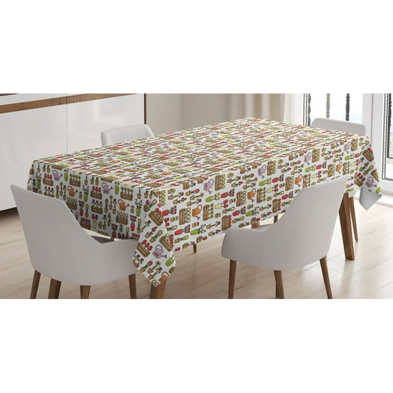 Gardening Tablecloth, Flowers Yard Tulips Buckets Rose Bouquets in Pots Pastel Colored Print, Rectangle Satin Table Cover for Dining Room and Kitchen, 52" X 70", Camel and Lime Green, by Ambesonne