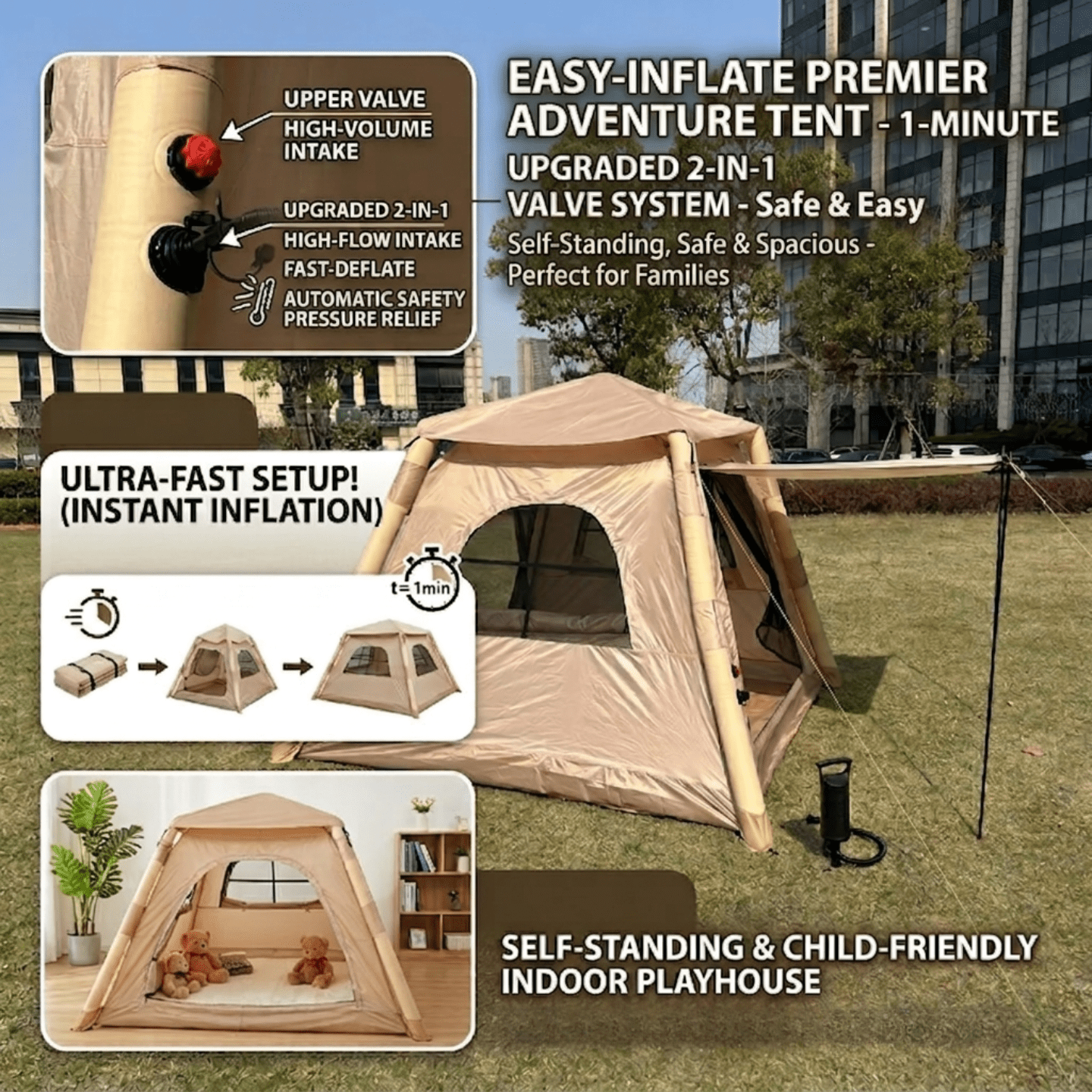 Inflatable Camping Tent for 2-4 Person, Waterproof Air Tent with Easy Setup, Instant Blow Up Family Tent for Outdoor Camping, Hiking & Travel, Includes Storage Bag & Manual Pump