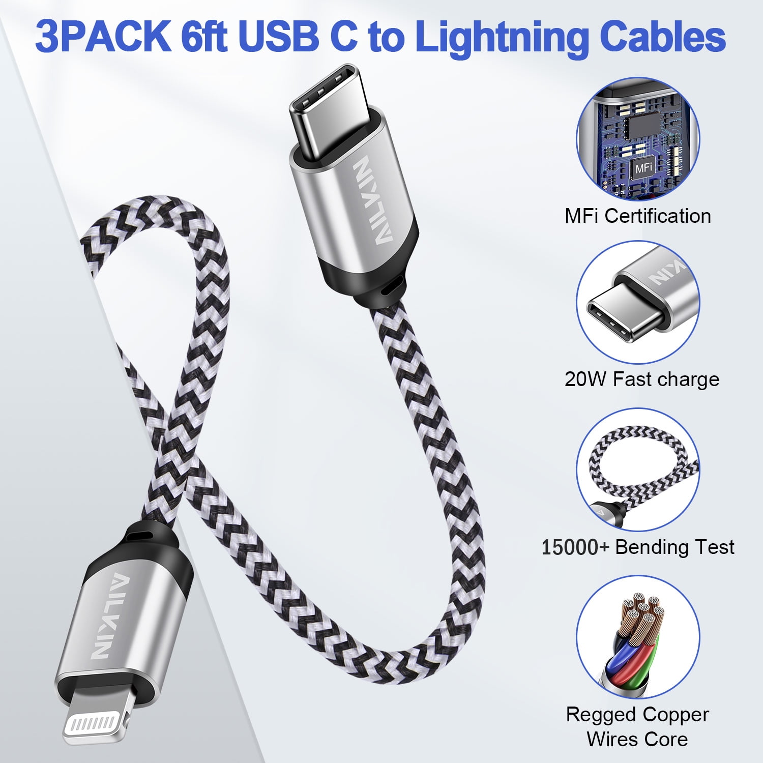 AILKIN Compatible with iPhone Charger Fast Charging 6ft Cords 3pack Compatible with iPhone 14/13/12/11/10,White