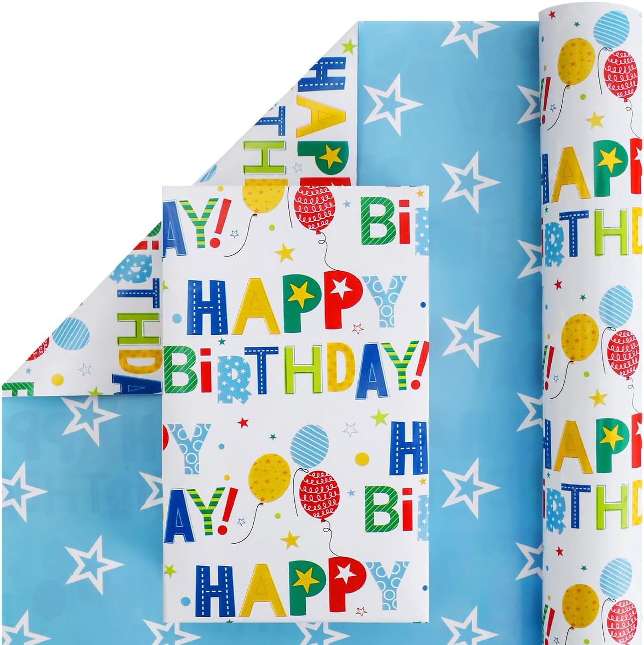 reversible-birthday-wrapping-paper-roll-for-boys-girls-kids-men-women-colorful-birthday-lettering-balloon-and-star-design-17-7-inch-x-33-feet-walmart-com