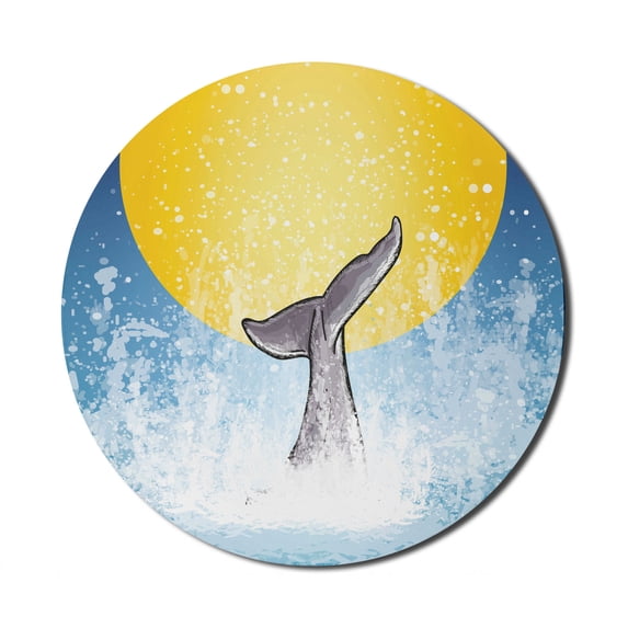 Whale Mouse Pad for Computers, Whales Tail in Ocean on Full Moon Diving in Water Swimmer Marine Animal Print, Round Non-Slip Thick Rubber Modern Mousepad, 8" Round, Yellow Grey Blue, by Ambesonne