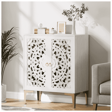 JOINICE Accent Cabinet with Doors, Decorative Hollow Carved Cabinet for Living Room,Entryway,Bedroom, White