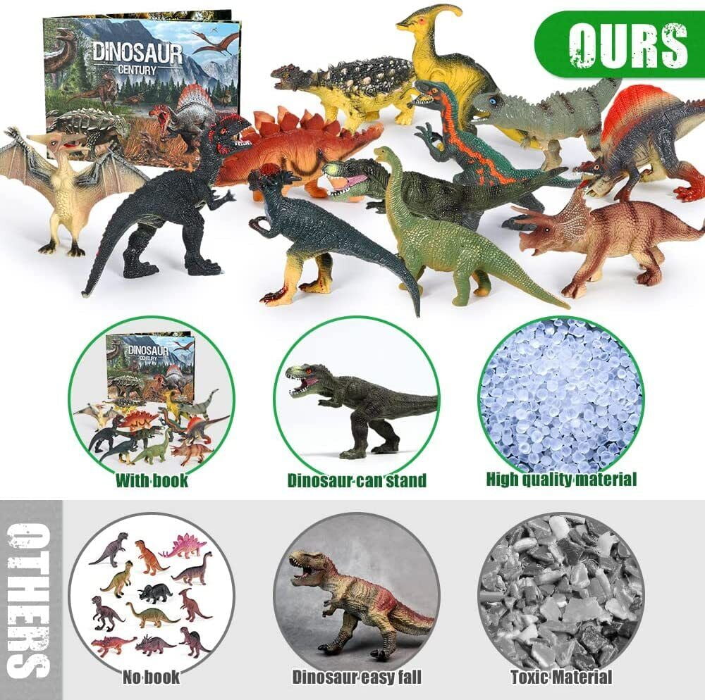VKZON 12pcs Jumbo Realistic Dinosaur Toy PVC Model Action Figure Set With Dino Book ,Educational Learning Toy Collector Figure Gift For Kids