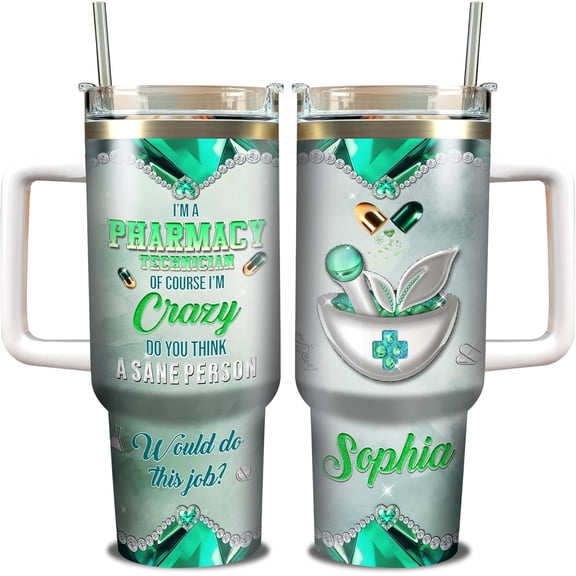 Personalized Pharmacy Tumbler 40oz with Handle and Straw Custom Name Stainless Steel Travel Mug Insulated Cup Funny Technician Gifts For Girls Women Pharmacists Coworkers Pharmacist