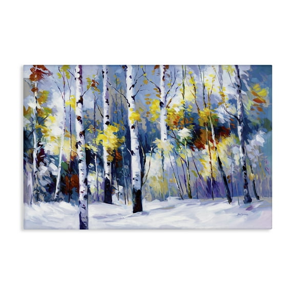 Stupell Industries Autumn Birch Trees Snowy Forest Landscape & Nature Painting Wrapped Canvas Canvas Art Print Wall Art, 24 x 16