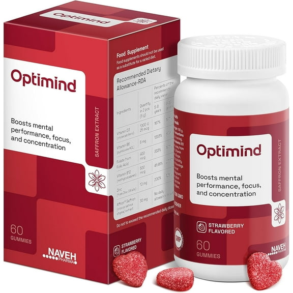 Naveh Pharma Optimind Kids Vitamins Gummies Enriched with Saffron, Anxiety and Stress Relief, Focus Strawberry Flavor, Kosher, Non-Gmo, and Gluten-Free, 60 CT.