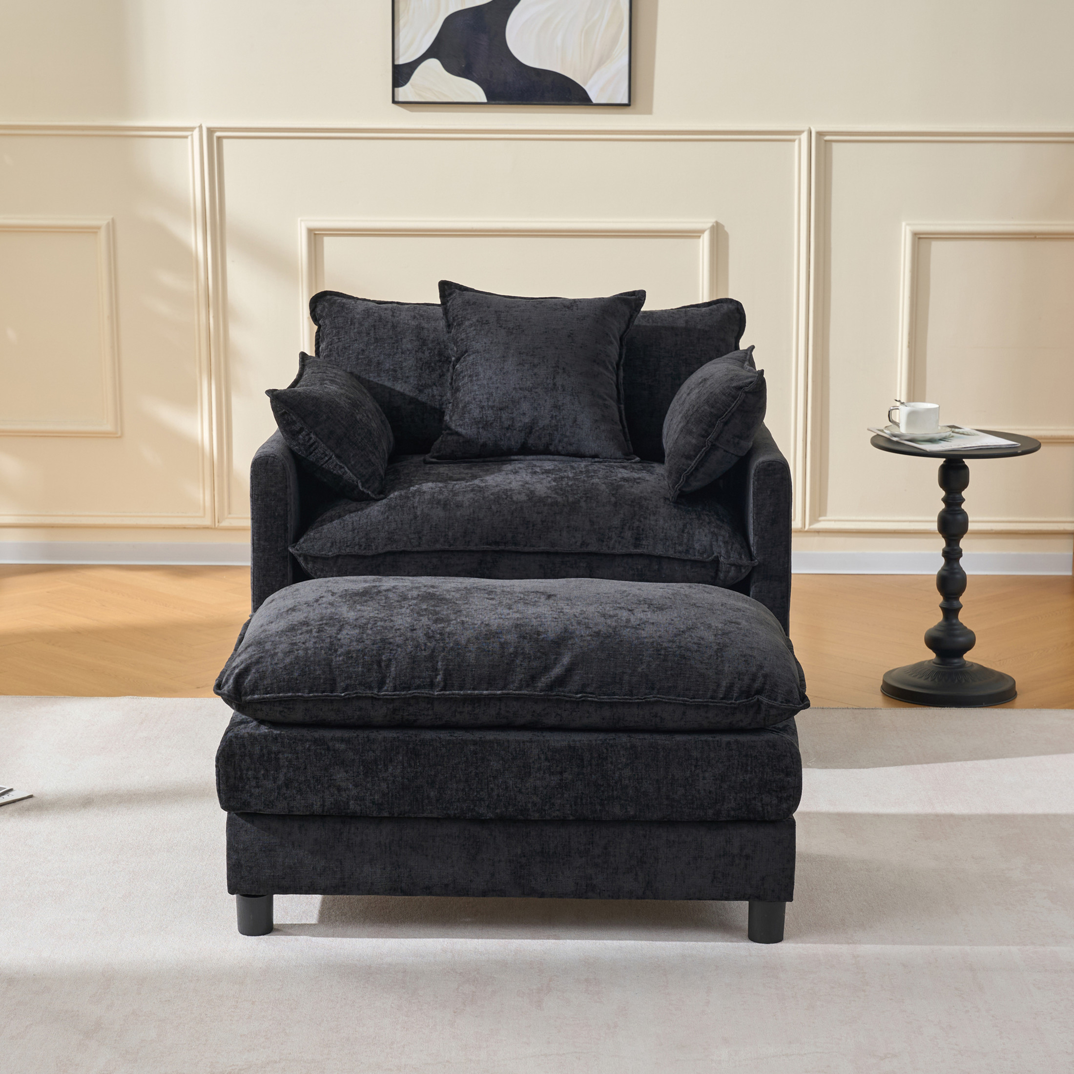 Noble House Modern Chenille Upholstered Accent Chair with Ottoman, Solid Wood Frame, Black