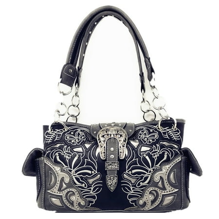 Side Buckle Handbag - Western Rhinestone Conceal Carry Buckle Floral Concho Laser Cut Shoulder Handbag
