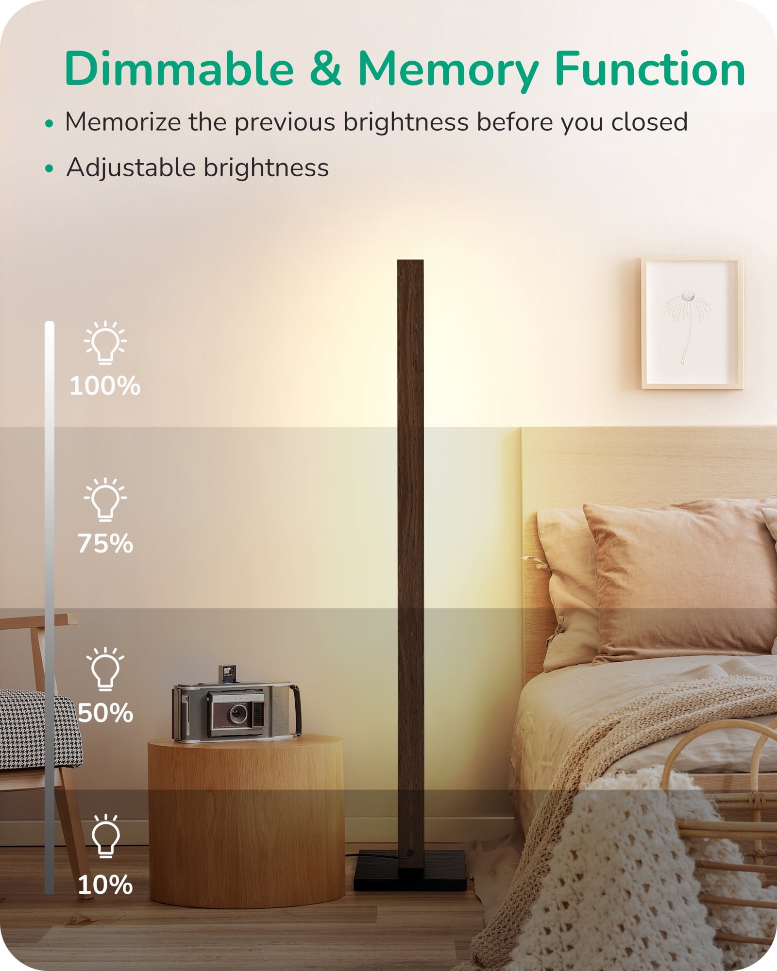 EDISHINE 48.43in Mid-Century Modern Floor Lamps with Remote for Living Room , Dimmable, 7CCT, Dark Walnut