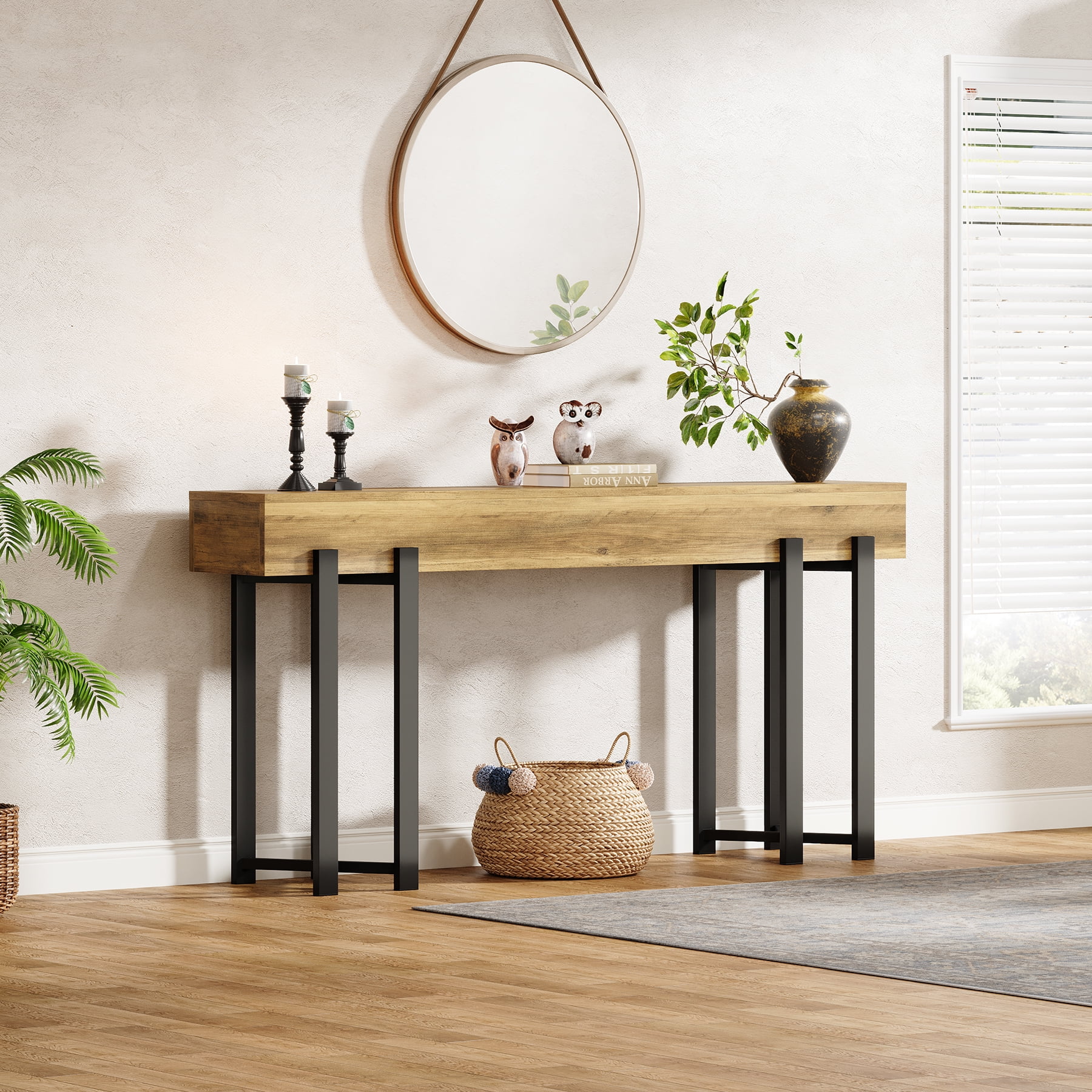Tribesigns 63-Inch Console Table for Entryway, Industrial Behind Couch Table, Minimalist Sofa Table for Living Room, Rustic Brown Wooden Hallway Foyer Table with Black Metal Frame