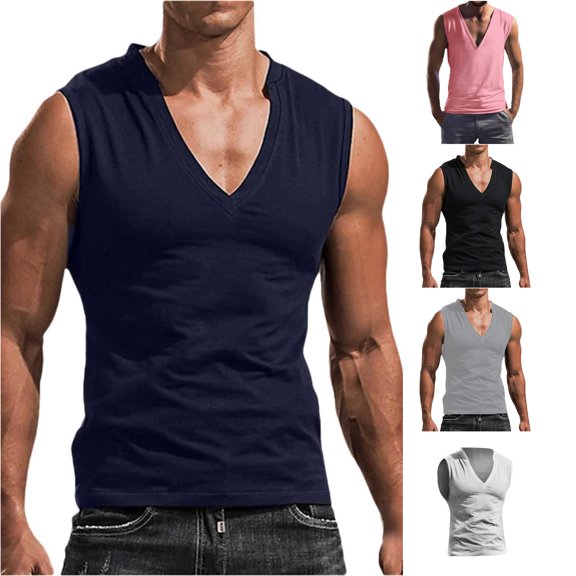 FINALGANG Mens Deep V Neck Sleeveless Slim Fit High Elastic Soft Breathable Basic Summer Daily Workout Solid Color Casual Tank Tops Stylish Top L