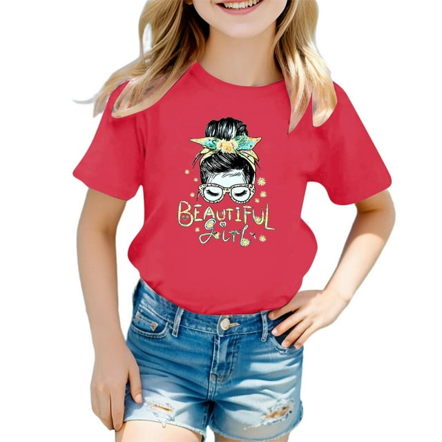 WEIYLL T-Shirts Filles Imprimé Dessin Animé Mignon Col Rond Manches Courtes Vêtements d'Été Décontractés pour 8-9 Ans