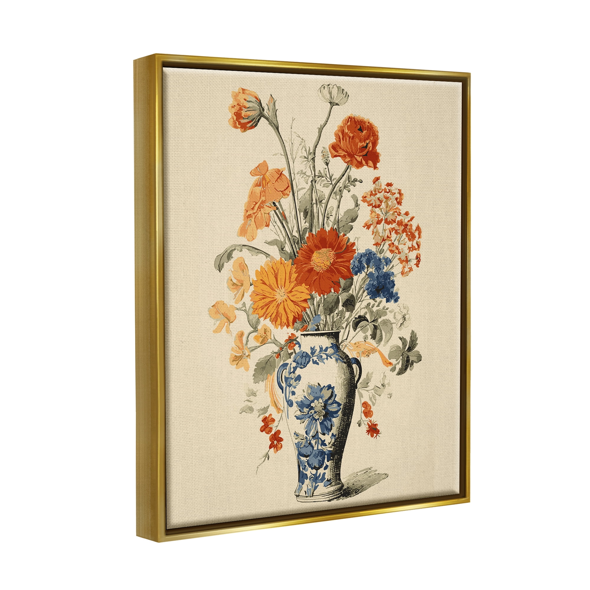 Stupell Industries Ornate Pottery Bouquet Botanical & Floral Painting Gold Floater Framed Canvas Art Print Wall Art, 17 x 21