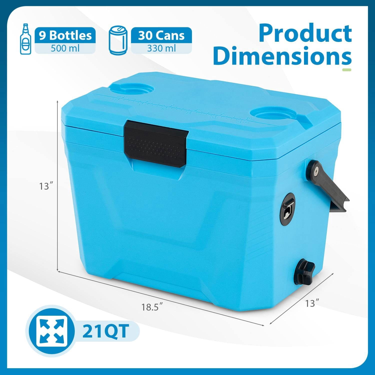 Resenkos Insulated Hard Shell Portable Cooler Ice Chest with 2 Cup Holders, Leak Proof Outdoor Cooler for Camping, Beach and Picnics, Blue