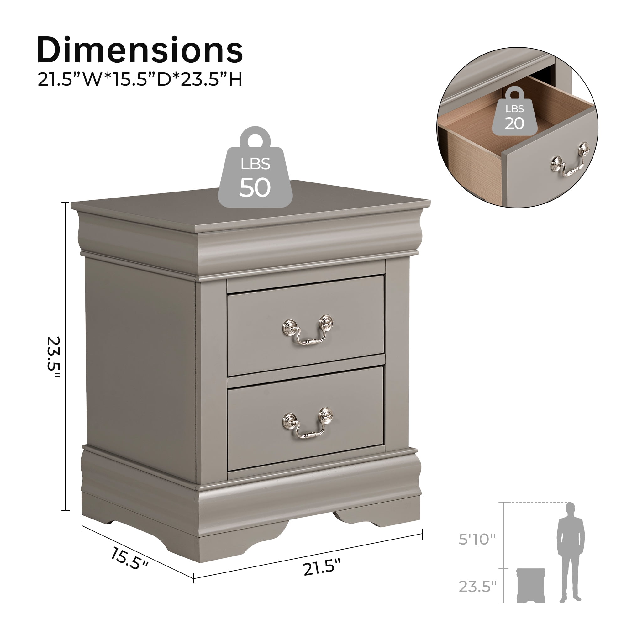 Leovanni Solid Wood Nightstand Set of 2, End Table with Drawers and Metal Handles, No Assembly Required, For Bedroom, Living Room, Adult, Gray