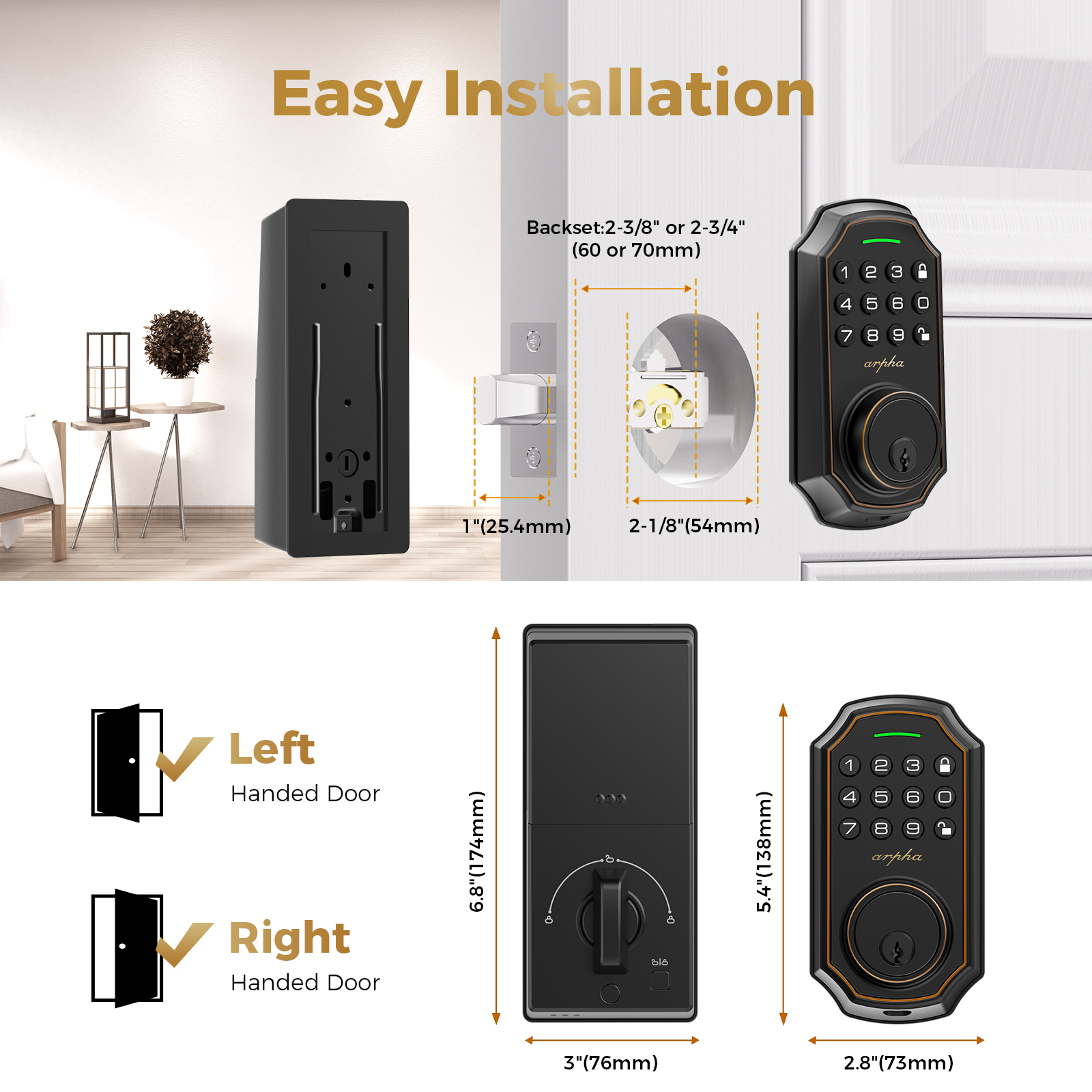 ARPHA Zinc Alloy Keyless Entry, Auto Lock Keypad Deadbolt