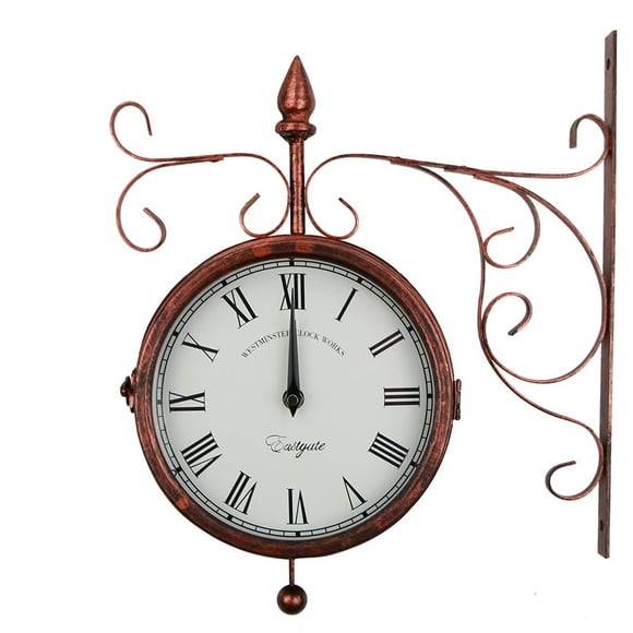 Station d'Art en Fer Suspendue Lecture Facile Jardin Antique Vintage Analogique Décoration Maison Intérieur Extérieur Horloge Murale Double Face Silencieuse, Facile à Lire