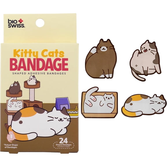 BioSwiss Bandages, Kitty Cats Shaped Self Adhesive Bandage, Latex Free Sterile Wound Care, 24 Count